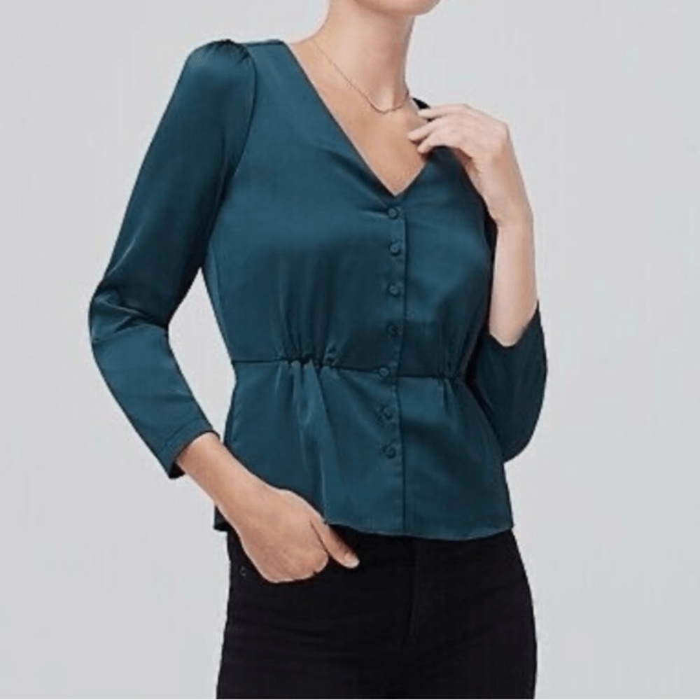J Crew Green Long Sleeve Peplum Button Front Satin Crepe Blouse Top size 12 - Picture 2 of 8